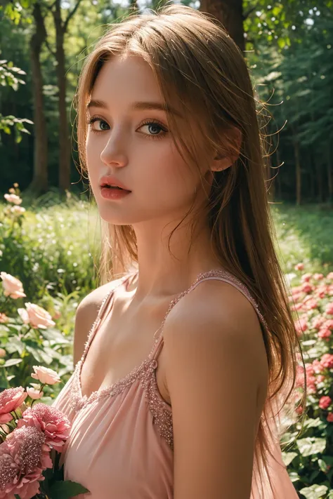 best quality, masterpiece, (photorealistic:1.4), Close up, 1 girl, upper body, Pink Dress, blonde:1.7, Shine Hair, cute, flowers around, forest background, sweet girl, IDOL, -- Face Details:1.7 -- <lora:MoosMST3:1> <lora:JaneDevis-01:1>