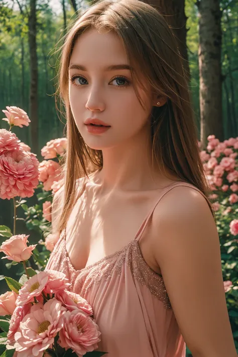 best quality, masterpiece, (photorealistic:1.4), Close up, 1 girl, upper body, Pink Dress, blonde:1.7, Shine Hair, cute, flowers around, forest background, sweet girl, IDOL, -- Face Details:1.7 -- <lora:MoosMST3:1> <lora:JaneDevis-01:1>