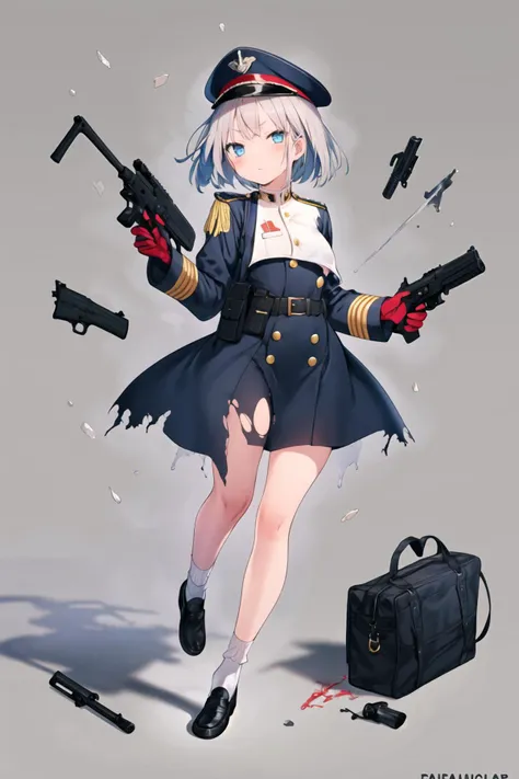 <lora:bukurote:1>, 1girl, weapon, gun, solo, shoes, holding, dress, uniform, socks, flag, hat, loafers, military, bangs, torn clothes, short hair, full body, black background, official alternate costume, holding weapon, blue eyes, looking at viewer, long sleeves, black footwear, holding gun, simple background, military uniform, red socks, torn dress