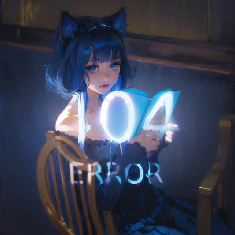 (Two hands holding a ipad),((masterpiece)),(((best quality))),((ultra-detailed)),((illustration)),superÂ fineÂ illustration,beautifulÂ andÂ detailedÂ eyes,veryÂ detailedÂ light,perfectÂ andÂ delicateÂ limbs,delicateÂ glow,veryÂ fineÂ 8KCGÂ wallpaper,1girl,((li)),((ch,(white hair),((dark blue:1.5)Â Dress),anÂ extremelyÂ delicateÂ andÂ beautifulÂ girl,petite body,round face,large face,((disheveled hair)),(2 black cat ears:1.2),black cat tail,blue eyes,Black pantyhose,(long hair),(mysterious eyes),Sitting in a chair,office,