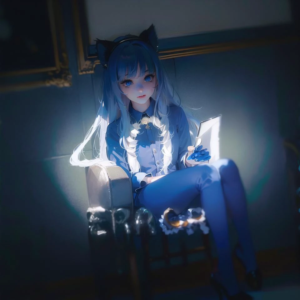 (Two hands holding a ipad),((masterpiece)),(((best quality))),((ultra-detailed)),((illustration)),super fine illustration,beautiful and detailed eyes,very detailed light,perfect and delicate limbs,delicate glow,very fine 8KCG wallpaper,1girl,((li)),((ch,(white hair),((dark blue:1.5) Dress),an extremely delicate and beautiful girl,petite body,round face,large face,((disheveled hair)),(2 black cat ears:1.2),black cat tail,blue eyes,Black pantyhose,(long hair),(mysterious eyes),Sitting in a chair,office,