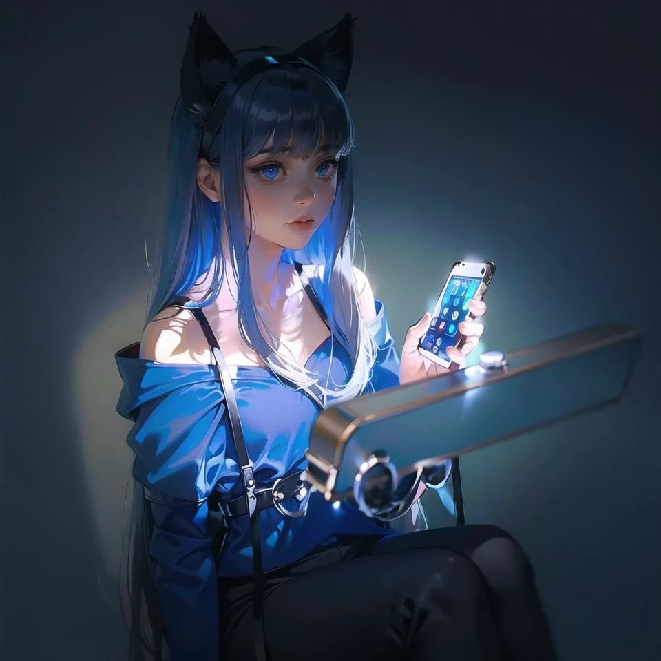 (Two hands holding a ipad),((masterpiece)),(((best quality))),((ultra-detailed)),((illustration)),super fine illustration,beautiful and detailed eyes,very detailed light,perfect and delicate limbs,delicate glow,very fine 8KCG wallpaper,1girl,((li)),((ch,(white hair),((dark blue:1.5) Dress),an extremely delicate and beautiful girl,petite body,round face,large face,((disheveled hair)),(2 black cat ears:1.2),black cat tail,blue eyes,Black pantyhose,(long hair),(mysterious eyes),Sitting in a chair,office,