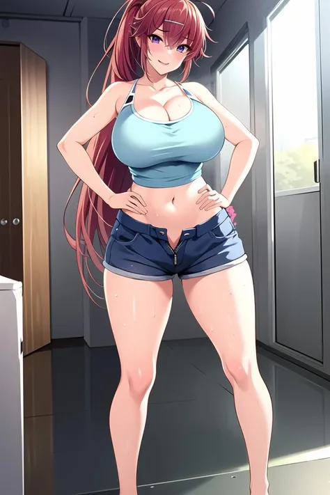 ((masterpiece)),((best quality)),ultra-detailed,illustratio,Explicit,nsfw,Beautiful body,Beautiful Nose,Beautiful character design,perfect eyes,perfect face,wallpaper
,ultra highres,4K,photography,(Beautiful, large breasts),(beautiful face:1.2),(full body:1.2),(narrow waist),shiny skin,anime screencap,Takahashi Ibuki,1girl, breasts, purple eyes, red hair, shorts, navel, long hair, hair ornament, cleavage, 1boy, hairclip, sweat, ponytail, midriff, short shorts, solo focus, smile, pov, hetero, large breasts, blush, hand on hip, looking at viewer, collarbone, open fly, unzipped, camisole, denim, bangs, bare shoulders, denim shorts, indoors, hair between eyes, thighs, tank top, ahoge, girl on top, blue shorts, out of frame, parted lips, very long hair, nsfw, <lora:Takahashi Ibuki_:0.7>