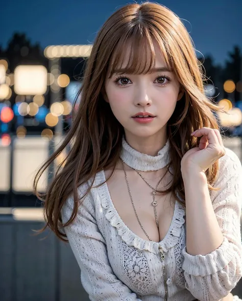 best quality, photorealistic, 8k, high res, 1girl, woman, (skindentation), (portrait:0.6), blur background, outdoor, (high-neck sweater:1.8), gorgeous, (night, floating hair:1.5), (dynamic pose:0.8), soft lighting, wind, garden, looking at viewer, (1girl eyes looking at viewer, brown hair, parted bangs:1.6), photorealistic, (bokeh), gorgeous, pureerosface_v1, <lora:av-yua:0.61>