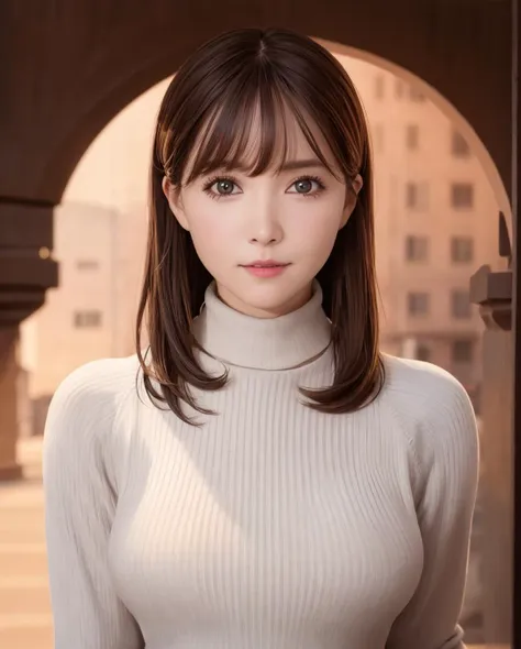 best quality, photorealistic, 8k, high res, 1girl, woman, (skindentation), (portrait:0.6), ((cityscapebackground:1.52)), full color, ((smallsize round breast, highneck sweater:1.5)), straight-looking at viewer:1.8, (1girl eyes looking at viewer:1.45, medium-length hair, blackhair, partedbangs:1.45), (bokeh),   <lora:CBAV-yua2:0.69>