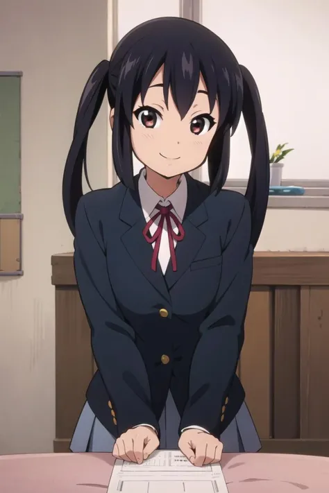 ,perfect anatomy, 1girl, solo, azusa nakano, , classroom,blazer,, looking at viewer, smile,miniskirt,(((,panties))),squatting,indoor,open legs,spread legs,sweating