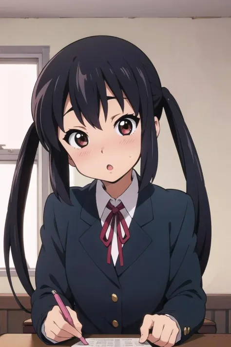 (((picture perfect))), 1girl, solo, <lora:azusa-kon:0.8>, azusa nakano, school uniform, jacket, looking at viewer, blushing, :o