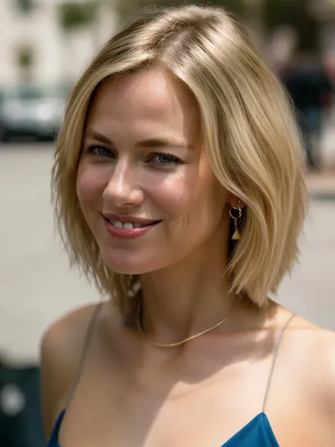 Realistic photo of a beautiful n40m1w-v1 woman, 1girl, solo, breasts, looking at viewer, smile, blue eyes, (((blonde hair))), cleavage, jewelry, collarbone, upper body, earrings, teeth, mole, grin, lips, mole on breast, realistic, soft lighting, professional Photography, Photorealistic, detailed, RAW, analog, sharp focus, 8k, HD, DSLR, high quality, Fujifilm XT3, film grain, award winning, masterpiece<lora:n40m1w-v1:1.0>