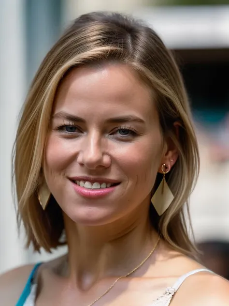 Realistic photo of a beautiful n40m1w-v1 woman, 1girl, solo, breasts, looking at viewer, smile, blue eyes, blonde hair, cleavage, jewelry, medium breasts, earrings, teeth, mole, grin, blurry, lips, realistic, nose, soft lighting, professional Photography, Photorealistic, detailed, RAW, analog, sharp focus, 8k, HD, DSLR, high quality, Fujifilm XT3, film grain, award winning, masterpiece<lora:n40m1w-v1:1.0>