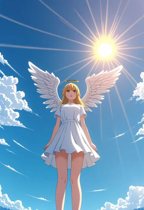 8K, 4K. Anime angel is coming to you, from below, beautiful day with a sky with sun. (absurd, love and comfort scenario)