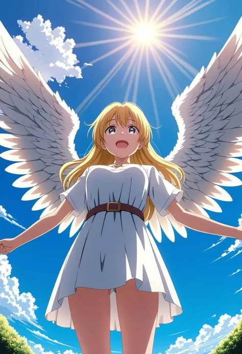 8K, 4K. Anime angel is coming to you, from below, beautiful day with a sky with sun. (absurd, love and comfort scenario)