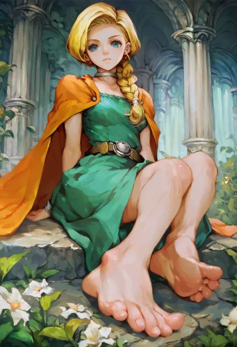 score_9, score_8_up, score_7_up ,score_6_up, source_anime, dqBianca, single braid, hair over shoulder, earrings, choker, orange cape, green dress, belt, barefoot, foot focus, sitting,