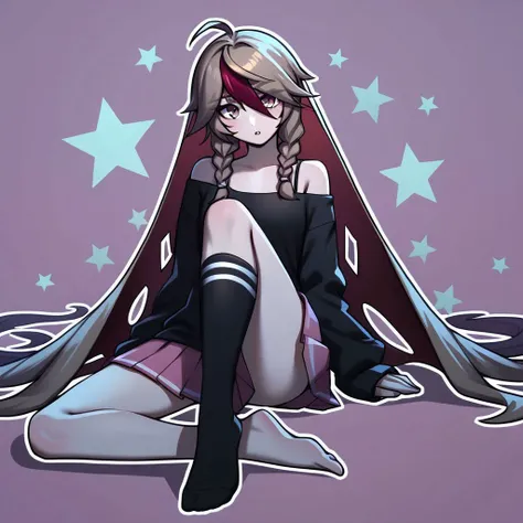 Rosaria, score_9, score_8_up, score_7_up, score_6_up, score_5_up, score_4_up, source_anime, absurdly long hair,
ahoge,
black camisole ,
black shirt,
black socks,
braid,
camisole ,
colored shadow ,
hair between eyes ,
kneehighs,
leaning to the side,
light brown hair ,
long hair ,
long sleeves,
looking at viewer,
motion lines ,
no shoes ,
off-shoulder shirt ,
off shoulder ,
outline ,
parted lips,
pink background ,
pink skirt ,
pleated skirt ,
shadow,
shirt ,
short eyebrows ,
single kneehigh,
single sock ,
skirt ,
sleeves past fingers ,
sleeves past wrists,
socks ,
solo ,
starry background ,
thick eyebrows ,
twin braids ,
two-tone background ,
very long hair ,
white background ,
white outline