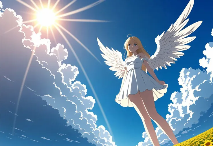 8K, 4K. Anime angel is coming to you, from below, beautiful day with a sky with sun. (absurd, love and comfort scenario)