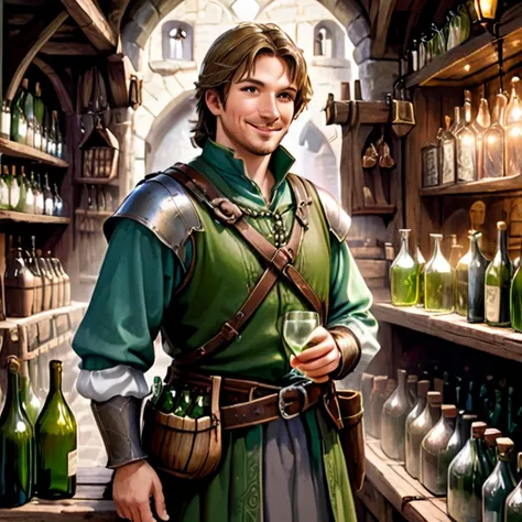 <lora:Detailed Interior Style SDXL v1:0.71> portrait, looking away, solo, upper body, detailed background, detailed face, (medieval high fantasy theme:1.1), light smile, dynamic pose, store clerk, (green:0.8) leather merchant clothes, belts, busy (medieval market stall:1.1), (crates:0.8), selling wide variety of glassware, empty wine bottles, empty drinking glasses, empty glass pitchers, empty vials, empty glass bottles,