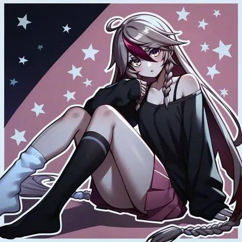 Rosaria, score_9, score_8_up, score_7_up, score_6_up, score_5_up, score_4_up, source_anime, absurdly long hair,
ahoge,
black camisole ,
black shirt,
black socks,
braid,
camisole ,
colored shadow ,
hair between eyes ,
kneehighs,
leaning to the side,
light brown hair ,
long hair ,
long sleeves,
looking at viewer,
motion lines ,
no shoes ,
off-shoulder shirt ,
off shoulder ,
outline ,
parted lips,
pink background ,
pink skirt ,
pleated skirt ,
shadow,
shirt ,
short eyebrows ,
single kneehigh,
single sock ,
skirt ,
sleeves past fingers ,
sleeves past wrists,
socks ,
solo ,
starry background ,
thick eyebrows ,
twin braids ,
two-tone background ,
very long hair ,
white background ,
white outline