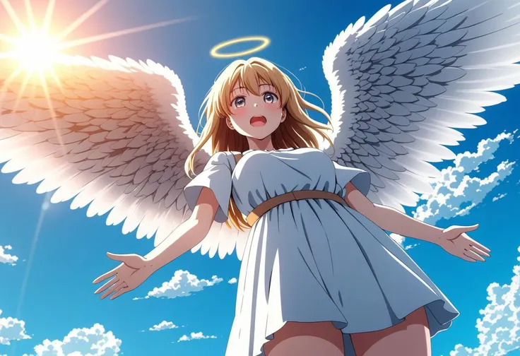 8K, 4K. Anime angel is coming to you, from below, beautiful day with a sky with sun. (absurd, love and comfort scenario)