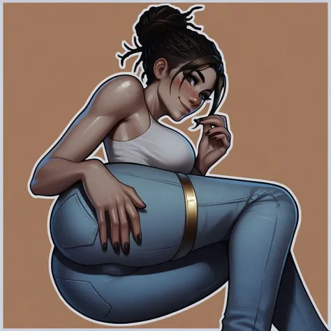 Panam Palmer, score_9, score_8_up, score_7_up, score_6_up, score_5_up, score_4_up, source_anime,
1girl,
ass,
bare shoulders ,
bent ove,
black nails ,
blush ,
breasts ,
brown eyes ,
brown hair,
closed mouth ,
denim ,
freckles ,
hair bun ,
jeans ,
large breasts ,
medium hair ,
nail polish ,
orange background ,
outline,
pants ,
shiny skin ,
simple background,
single hair bun,
smile,
solo,
thighlet ,
white outline