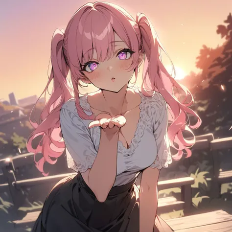 One girl sits on the park bench, pink hair, pink eyes, ((perfect eyes, perfect iris, anime eyes, detailed eyes)), hair collected in two pigtails, medium sized breasts, wears a white blouse and a black skirt, black platform pumps, Blowing A Kiss From One Hand, perfect hands, (high quality, absurd detail, masterpiece), anime style, sunset lighting