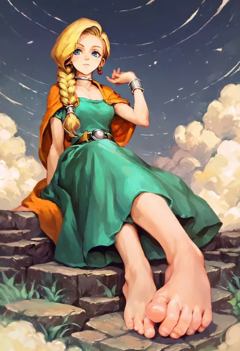 score_9, score_8_up, score_7_up ,score_6_up, source_anime, dqBianca, single braid, hair over shoulder, earrings, choker, orange cape, green dress, belt, barefoot, foot focus, sitting,