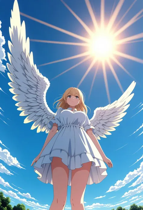 8K, 4K. Anime angel is coming to you, from below, beautiful day with a sky with sun. (absurd, love and comfort scenario)