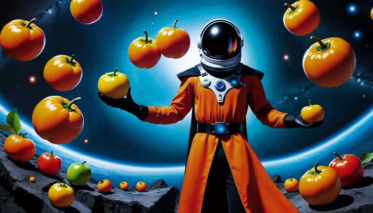 interstellar space ritual, galactic setting, high-tech space cult attire, cult members' attire, splashes of vibrant colors, space ritual ambiance, persimmon fruit placement, interstellar environment, with the main focus on persimmon fruits that are symbolically placed at quantum superposition states to represent both existence and non-existence simultaneously, bad artistic composition choice, avant-garde composition technique