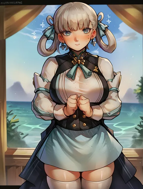 score_9, score_8_up, score_7_up, score_6_up, BREAK,<lora:FluffyDango_Style_Pony9:1>, 1girl, solo, large breasts, cowboy shot, <lora:add-detail-xl:.5>, <lora:jinhsi_(wuthering_waves)_pony:0.8>, jinhsi_(wuthering_waves), earrings, hair ribbon, hair rings, white thighhighs, blushing, looking at viewer, shy