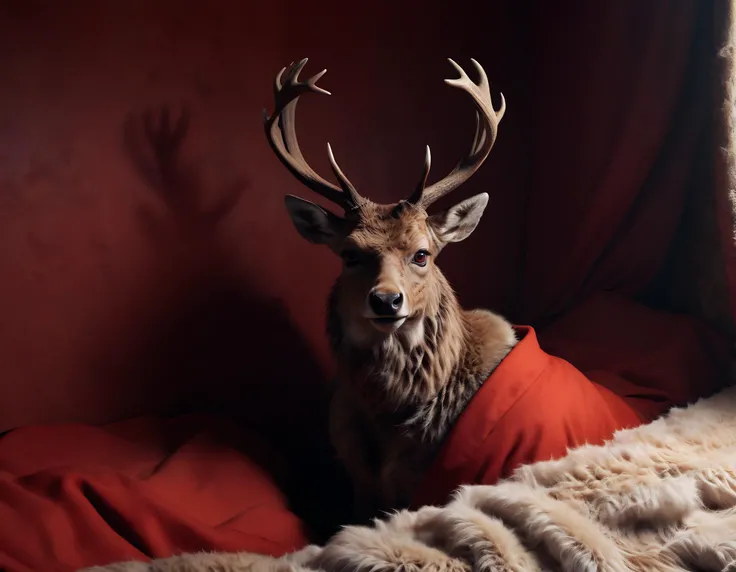 intensifying fear, fabric juxtaposition, search context, cine closet look, cinematographic angles, chaos confusion, environment intimacy, realism and surrealism, rough materials, artwork composition, texture contrast, cinematographic perspective closeup capture of subjects, matching john wilhelms vision, coarse fur contrasts with smooth coat, inducing foreboding atmosphere, masculine red deer character and shrewd