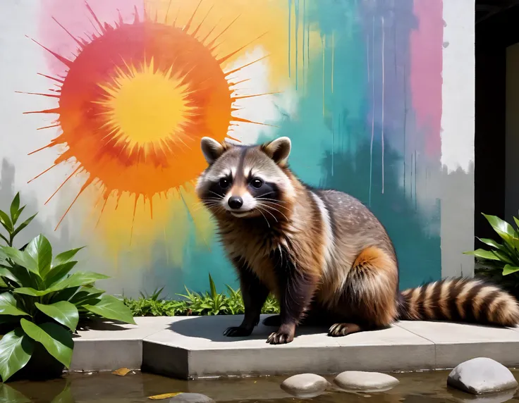 (raccoon dog:1.16), (larry poons inspired artwork:1.19), (tokyo mural composition:1.14), simba, water feature, hellbards, sunburst behind man