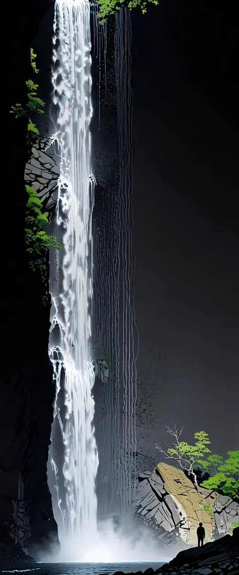 immaculately designed, interspecies interaction, impeccable craftsmanship, angles, grace and strength, ryoji ikeda style, rooted in mutual understanding, distinctive color palette, geometric patterns subtly used, stippling hatching techniques, humanoid features, elegant pose, the presence of a breathtaking waterfall, casting enchanting shadows behind the characters, evident in every nuanced line and curve, ryoji ikedas influence manifests in the sharpness of lines, subtle references to genderswapped versions, an anthropomorphic bluetongued skink character posing elegantly