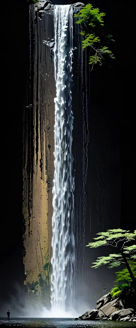 immaculately designed, interspecies interaction, impeccable craftsmanship, angles, grace and strength, ryoji ikeda style, rooted in mutual understanding, distinctive color palette, geometric patterns subtly used, stippling hatching techniques, humanoid features, elegant pose, the presence of a breathtaking waterfall, casting enchanting shadows behind the characters, evident in every nuanced line and curve, ryoji ikedas influence manifests in the sharpness of lines, subtle references to genderswapped versions, an anthropomorphic bluetongued skink character posing elegantly