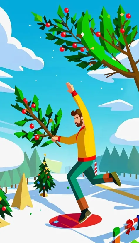 isometric style person throwing tree, xmastreetoss, scenery, detailed background, masterpiece, best quality, high quality, absurdres <lora:xmastreetoss_xl_v2:1> . vibrant, beautiful, crisp, detailed, ultra detailed, intricate