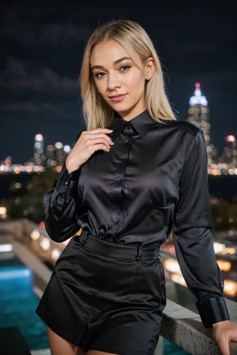 RAW photo of Emm4H1x_HM-135, light smile, in a black satin collared shirt and a black office skirt, long sleeves, posing for a picture at night, city in the background and a sky with clouds, portrait, blonde hair, (high detailed shirt buttoning:1.2), private press, <lora:collaredShirt-000020-v2:0.8>, photographed on a Fujifilm XT3, 80mm F/1.7 prime lens, cinematic film still, cinestill 500T, highly detailed, masterpiece, highest quality, intricately detailed, HDR, 8k, uhd, photorealistic, epiCPhoto