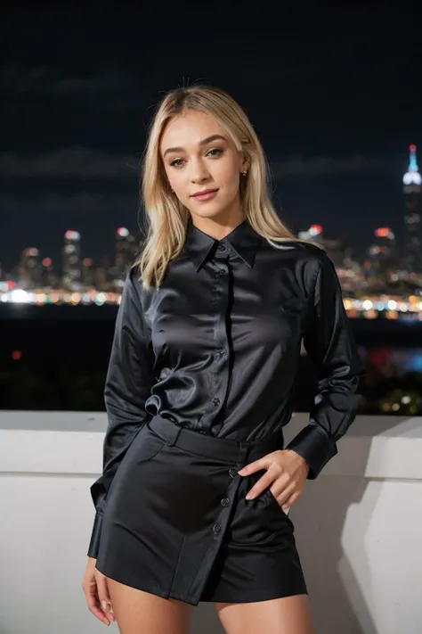 RAW photo of Emm4H1x_HM-135, light smile, in a black satin collared shirt and a black office skirt, long sleeves, posing for a picture at night, city in the background and a sky with clouds, portrait, blonde hair, (high detailed shirt buttoning:1.2), private press, <lora:collaredShirt-000020-v2:0.8>, photographed on a Fujifilm XT3, 80mm F/1.7 prime lens, cinematic film still, cinestill 500T, highly detailed, masterpiece, highest quality, intricately detailed, HDR, 8k, uhd, photorealistic, epiCPhoto