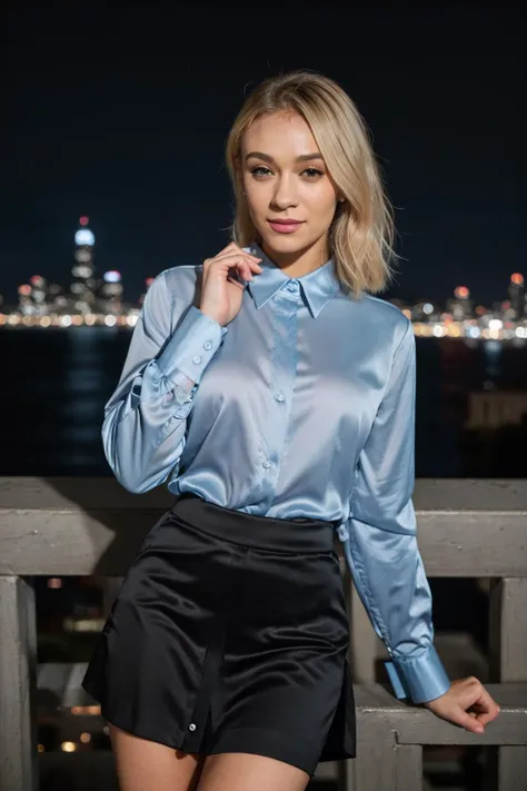 RAW photo of Emm4H1x_HM-135, light smile, in a black satin collared shirt and a black office skirt, long sleeves, posing for a picture at night, city in the background and a sky with clouds, portrait, blonde hair, (high detailed shirt buttoning:1.2), private press, <lora:collaredShirt-000020-v2:0.8>, photographed on a Fujifilm XT3, 80mm F/1.7 prime lens, cinematic film still, cinestill 500T, highly detailed, masterpiece, highest quality, intricately detailed, HDR, 8k, uhd, photorealistic, epiCPhoto