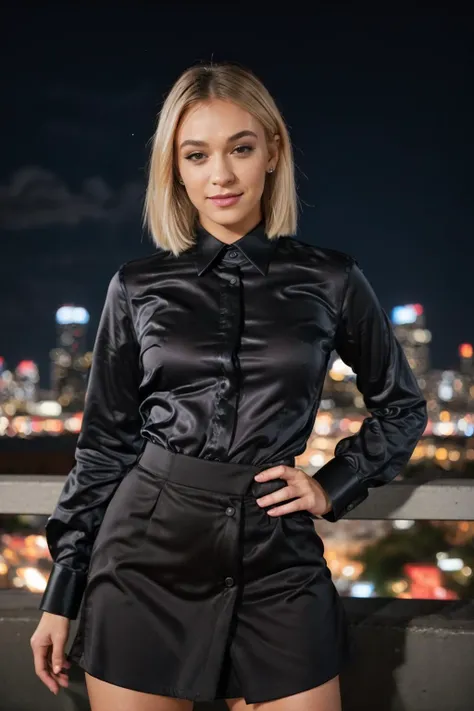 RAW photo of Emm4H1x_HM-135, light smile, in a black satin collared shirt and a black office skirt, long sleeves, posing for a picture at night, city in the background and a sky with clouds, portrait, blonde hair, (high detailed shirt buttoning:1.2), private press, <lora:collaredShirt-000020-v2:0.8>, photographed on a Fujifilm XT3, 80mm F/1.7 prime lens, cinematic film still, cinestill 500T, highly detailed, masterpiece, highest quality, intricately detailed, HDR, 8k, uhd, photorealistic, epiCPhoto