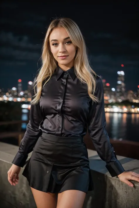 RAW photo of Emm4H1x_HM-135, light smile, in a black satin collared shirt and a black office skirt, long sleeves, posing for a picture at night, city in the background and a sky with clouds, portrait, blonde hair, (high detailed shirt buttoning:1.2), private press, <lora:collaredShirt-000020-v2:0.8>, photographed on a Fujifilm XT3, 80mm F/1.7 prime lens, cinematic film still, cinestill 500T, highly detailed, masterpiece, highest quality, intricately detailed, HDR, 8k, uhd, photorealistic, epiCPhoto