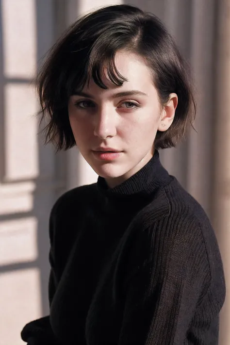 instagram photo, 21yo french woman, short hair, black hair, closeup portrait, sweater, cleavage, pale, hard shadows