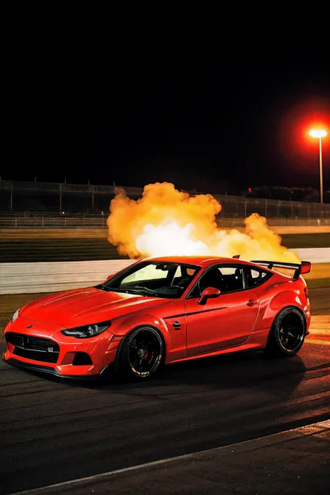 red sports car, racetrack, drift, burning wheels, at night