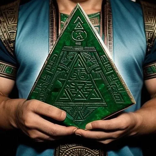 epic photo of a man holding a small triangle shaped emerald tablet coverd with ancient symbols Aztec Myan hieroglyphics