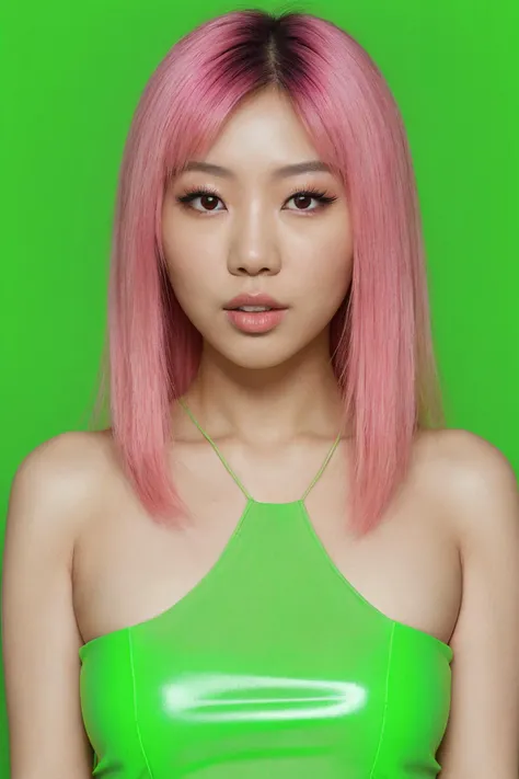 asian woman, pink hair BREAK neon green background