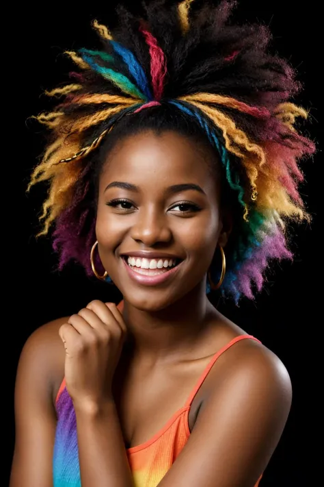 20yo african woman, laughing, rainbow colored hair, black background,