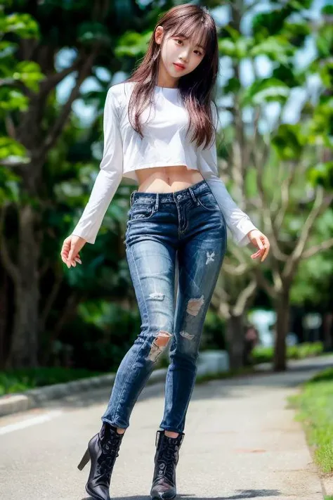 ultra realistic details, sharp focus, detailed skin, 1 Korean cute girl
(19 years old Korean girl:1.2), (kpop idol:1.2), (korean beauty:0.8),
(photorealistic:1.4),1girl, (masterpiece), best quality, highest quality,pants (detailed face:1.5),original,highres, ((full body shot:1.5)),
unparalleled masterpiece, perfect artwork, ((perfect female figure)),mature female, narrow waist, skinny,detailed skin, solo,white background,high heels, large pelvis, black footwear, full body, white background,high heels,, black footwear, full body, standing,long tight blue jeans, skinny jeans, denim, standing on one leg, brown eyes, long hair, black hair,sleeves past wrists, long sleeves, open clothes, blue jeans, street,afternoon,nature light,outdoors, tree, bus stop,200 mm,low position,lens flare,(masterpiece), best quality, ultra high res, sexy pose, slim body,laughing, photon mapping, radiosity, physically-based rendering, cinematic lighting, intricate, High Detail, Sharp focus, dramatic, photorealistic (large hips:1.5) pureerosface_v1