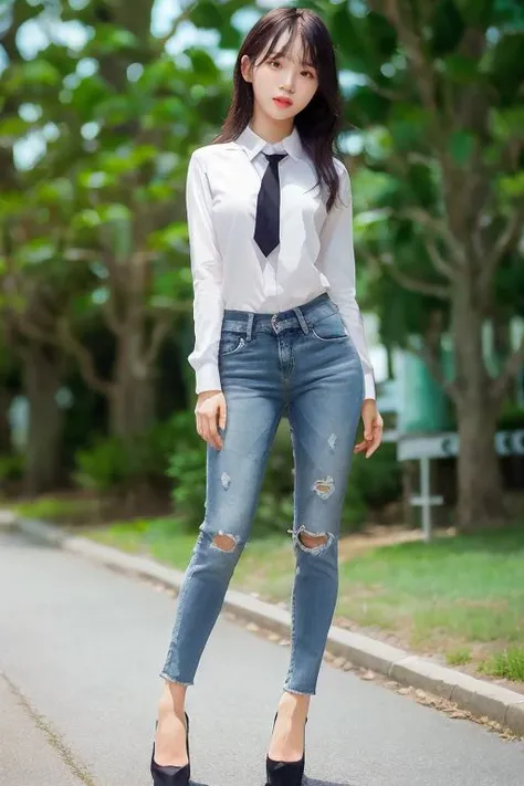 ultra realistic details, sharp focus, detailed skin, 1 Korean cute girl (19 years old Korean girl:1.2), (kpop idol:1.2), (korean beauty:0.8), (photorealistic:1.4),1girl, (masterpiece), best quality, highest quality,pants (detailed face:1.5),original,highres, ((full body shot:1.5)), unparalleled masterpiece, perfect artwork, ((perfect female figure)),mature female, narrow waist, skinny,detailed skin, solo,white background,high heels, large pelvis, black footwear, full body, white background,high heels,, black footwear, full body, standing,long tight blue jeans, skinny jeans, denim, standing on one leg, brown eyes, long hair, black hair,sleeves past wrists, long sleeves, open clothes, blue jeans, street,afternoon,nature light,outdoors, tree, bus stop,200 mm,low position,lens flare,(masterpiece), best quality, ultra high res, sexy pose, slim body,laughing, photon mapping, radiosity, physically-based rendering, cinematic lighting, intricate, High Detail, Sharp focus, dramatic, photorealistic (large hips:1.3), office long necktie pureerosface_v1