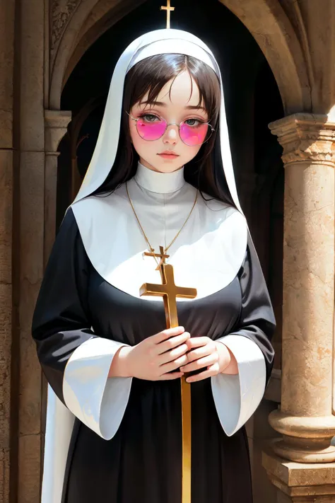 high quality, masterpiece, 1girl, catholic, catholic nun, nun robe, cross, sunlight, peaceful, devotion, spiritual, prayerful,