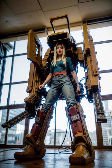 raw, detailed, , 1girl,   <lora:powerloader_v10b:0.9>,A 50-year-old woman wears a powerloader, (Spaceship interiors:1.5), warehouses, and tons of wires,exoskeleton,from below,