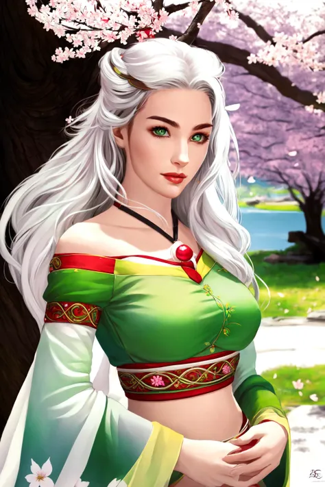 <lora:MMO_Concept-10:1> 1girl, solo, long hair, green eyes, white hair, hair ornament, detached sleeves, midriff, breasts, lips, looking at viewer, watermark, bare shoulders, medium breasts, cherry blossoms, realistic