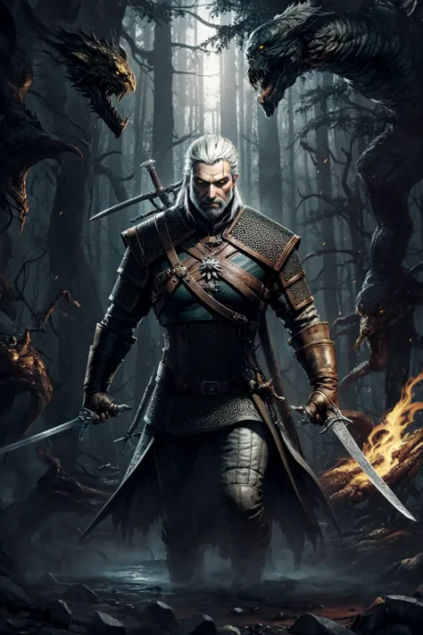 thick outlines, comics, photorealistic, perfect hands, masterpiece:1.2, forest, mist, dark, 1man, solo, monsters, sword, <lora:geraltW3:0.5>, geralt_soul3142, beard, yellow eyes, white hair, armor, chainmail, detailed background, detailed face, detailed eyes, <lora:add_detail:0.7>
