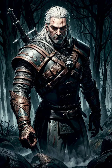 thick outlines, comics, photorealistic, perfect hands, masterpiece:1.2, forest, mist, dark, 1man, solo, 1 monster, sword, magic, blood, <lora:geraltW3:0.5>, geralt_soul3142, beard, yellow eyes, white hair, armor, chainmail, detailed background, detailed face, detailed eyes, <lora:add_detail:0.7>