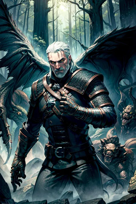 (masterpiece, top quality, best quality, official art, detailed:1.2), <lora:regisW3:0.7>, emielregisW3, solo, open mouth, red eyes, weapon, grey hair, male focus, teeth, pointy ears, black gloves, belt, fingerless gloves, fingernails, glowing, bird, fangs, feathers, glowing eyes, claws, sharp fingernails, crow